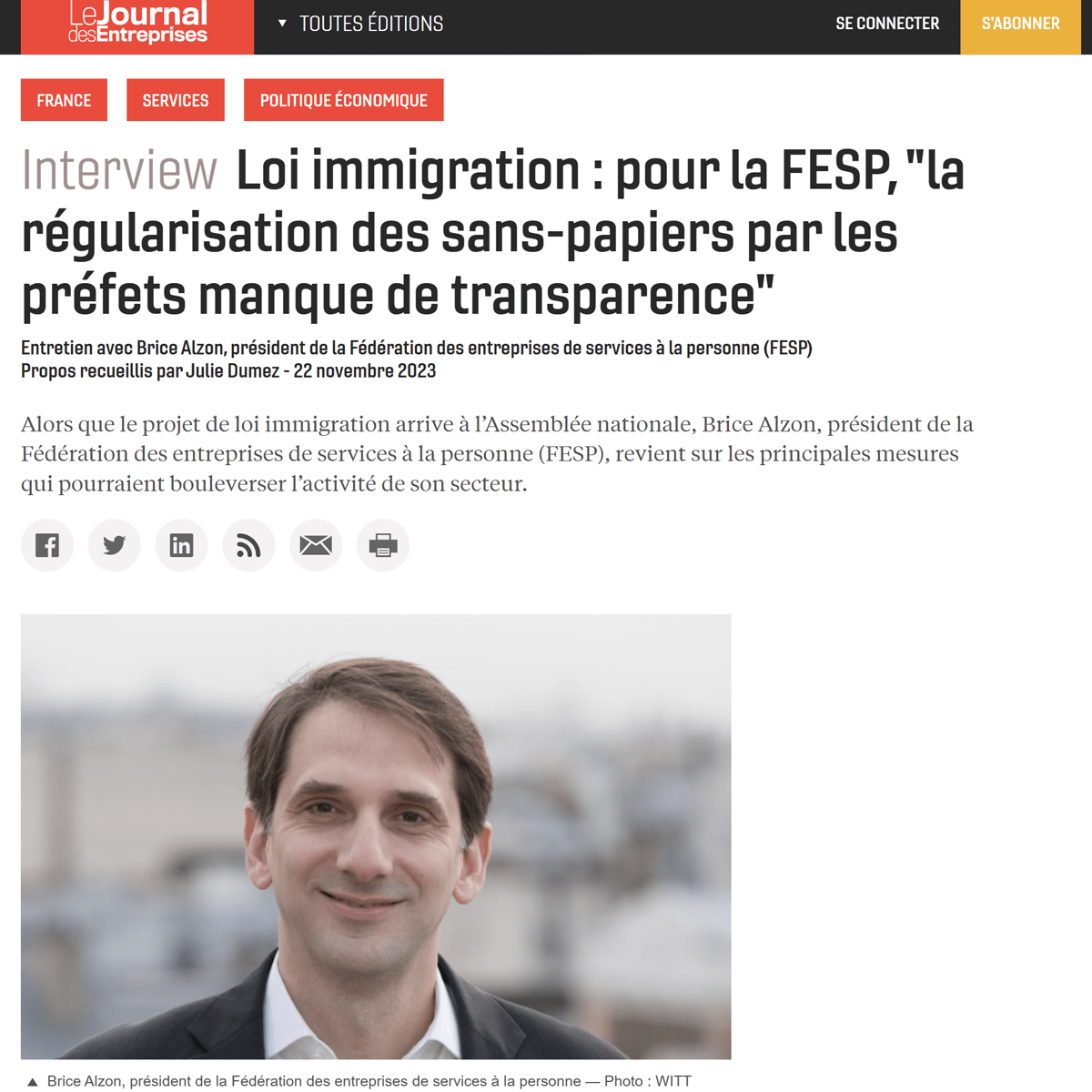 Le Journal des Entreprises - Interview Brice Alzon : Loi immigration